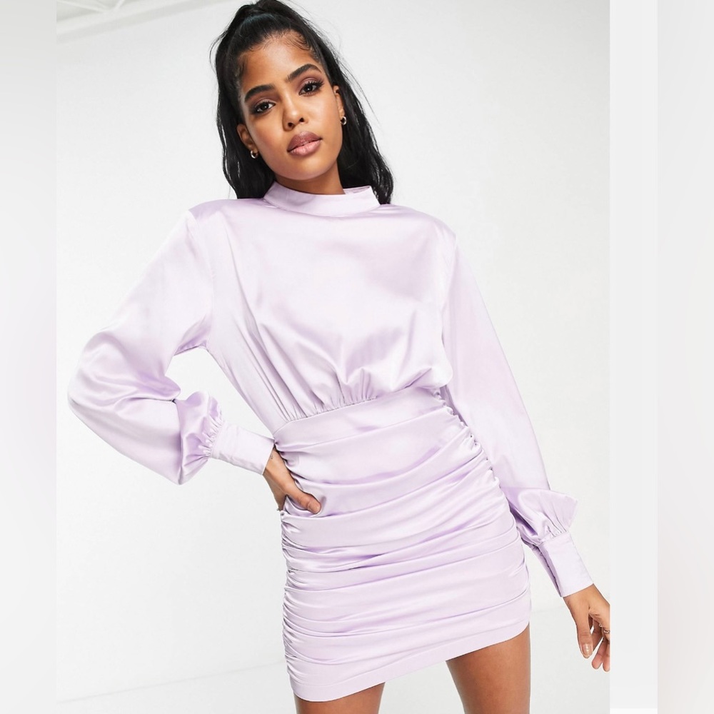 Exclusive × Billie Faiers satin high neck ruched skirt mini dress